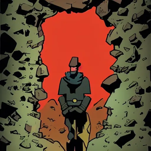 Image similar to a young man stands alone in a cavern, beautiful art by mike mignola