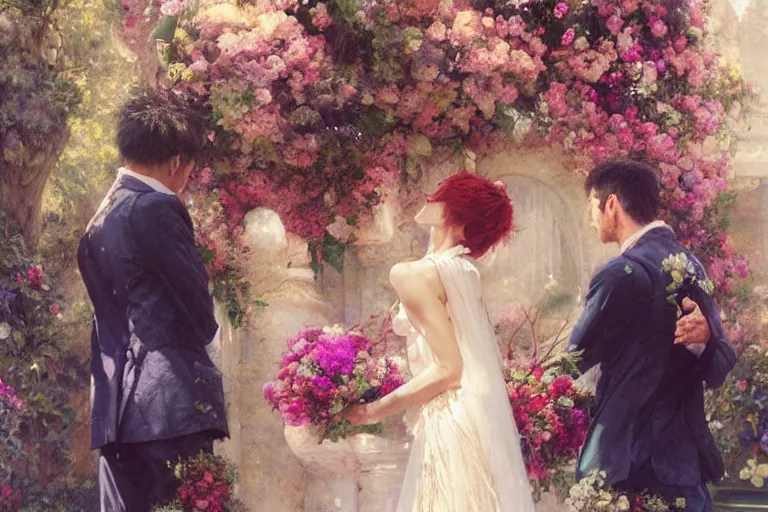 Prompt: the groom look at the bride at a wedding full of flowers, bright and happy, dreamlike art, highly detail, 4 k realistic, wedding photoy krenz cushart, artem demura, yoji shinkawa artgerm, jon lothian, danilo torres. adi meyers. thomas reimann. gaston bussiere.