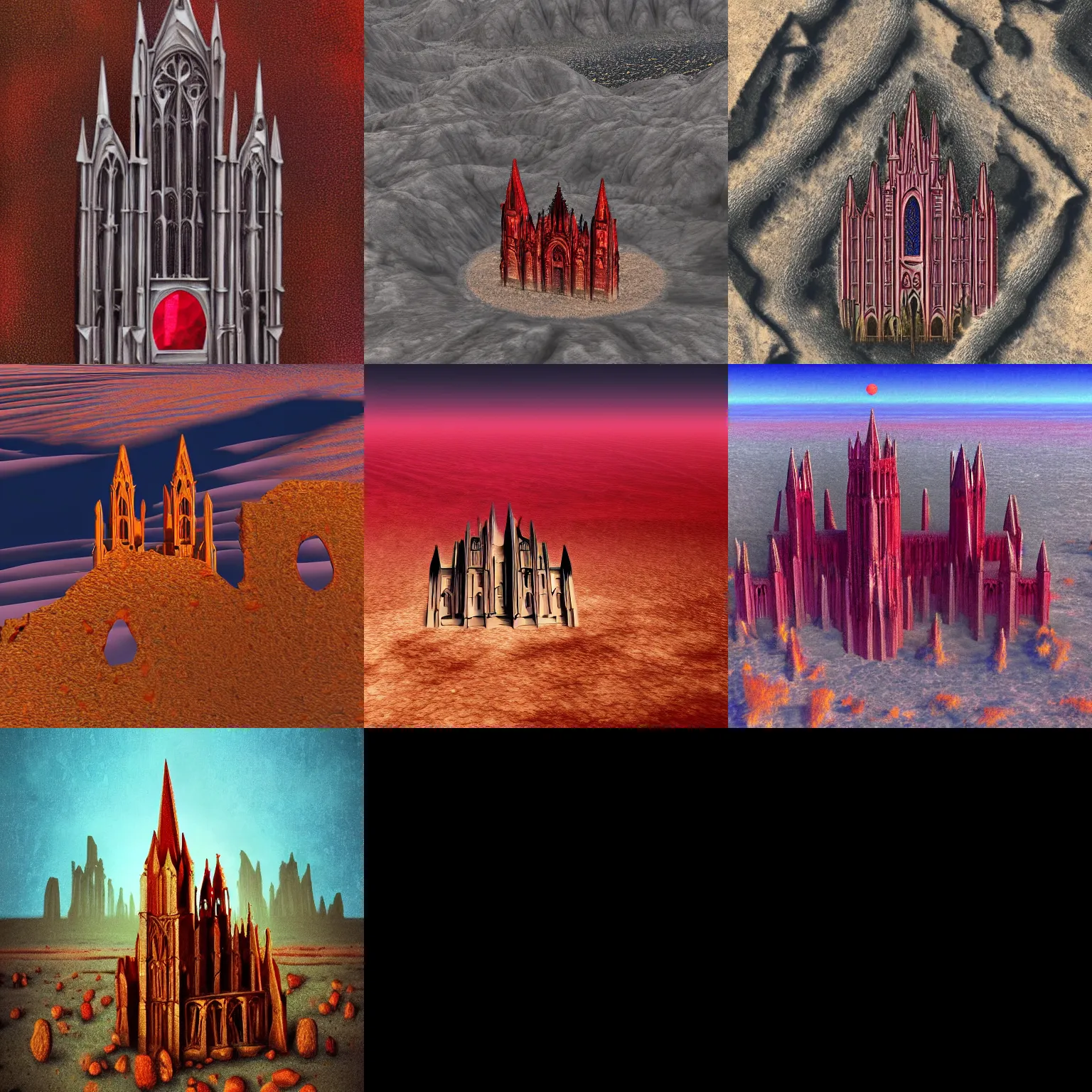 Prompt: gothic cathedral made of a ruby in a desert plateau ,view from above,8k,fantasy art,