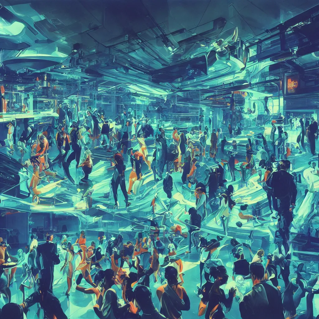 Prompt: people dancing in a cyberpunk nightclub with a large aquarium. smoky room with lasers and neon lights. Painting by Syd Mead. 70's Sci-Fi. highly detailed digital art, trending on artstation. Beautiful glowing blue light.