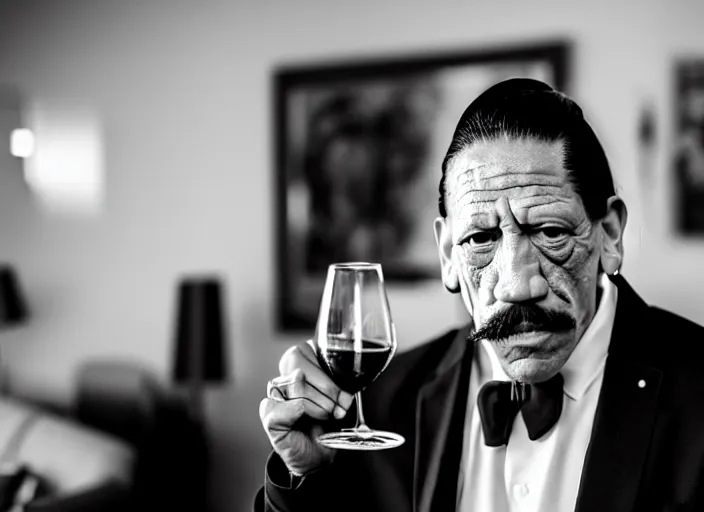 Image similar to photo of danny trejo working as a sommelier, 8 k, 5 2 mm f 1. 8