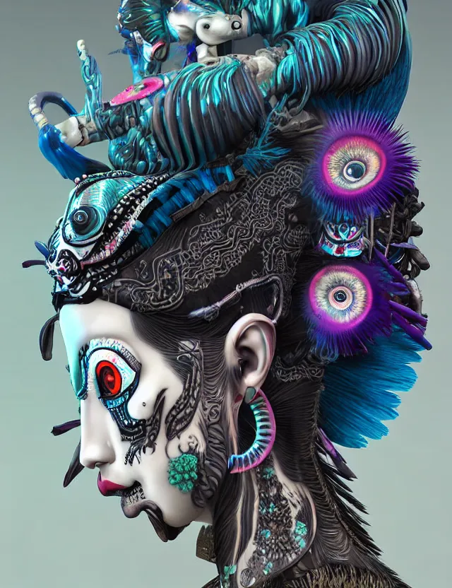 Image similar to 3 d photo realistic goddess close - up profile portrait punk with mohawk with ram skull. beautiful intricately detailed japanese crow kitsune mask and clasical japanese kimono. betta fish, jellyfish phoenix, bio luminescent, plasma, ice, water, wind, creature, artwork by tooth wu and wlop and beeple and greg rutkowski