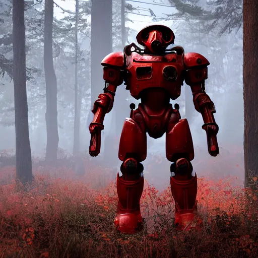 Image similar to Power armor from the company core-cola, red color, stands against the background of a radioactive forest, graphics, fallout 4 render, 3d computer render, maximum details, rain, night, spotlight,