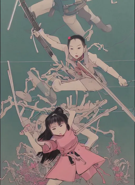 Image similar to Artwork by James Jean, Phil noto and hiyao Miyazaki ; (1) a young Japanese future samurai police lady named Yoshimi battles an (1) enormous evil natured carnivorous pink robot on the streets of Tokyo; Japanese shops and neon signage; crowds of people running; Art work by hiyao Miyazaki, Phil noto and James Jean