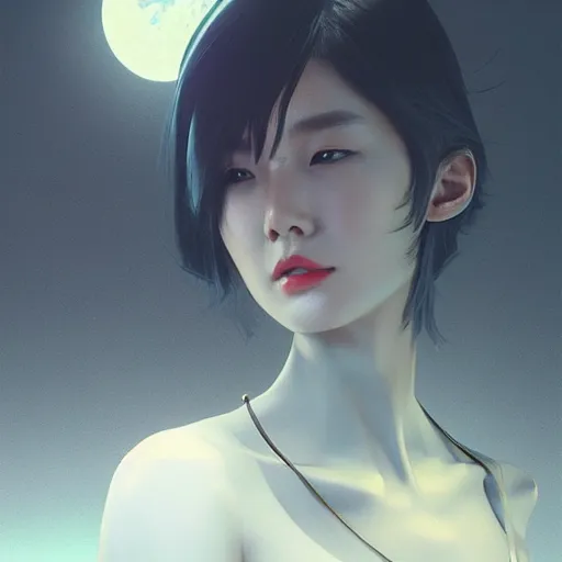 Image similar to Lee Jin-Eun by Vincent Di Fate, rule of thirds, seductive look, beautiful, octane render