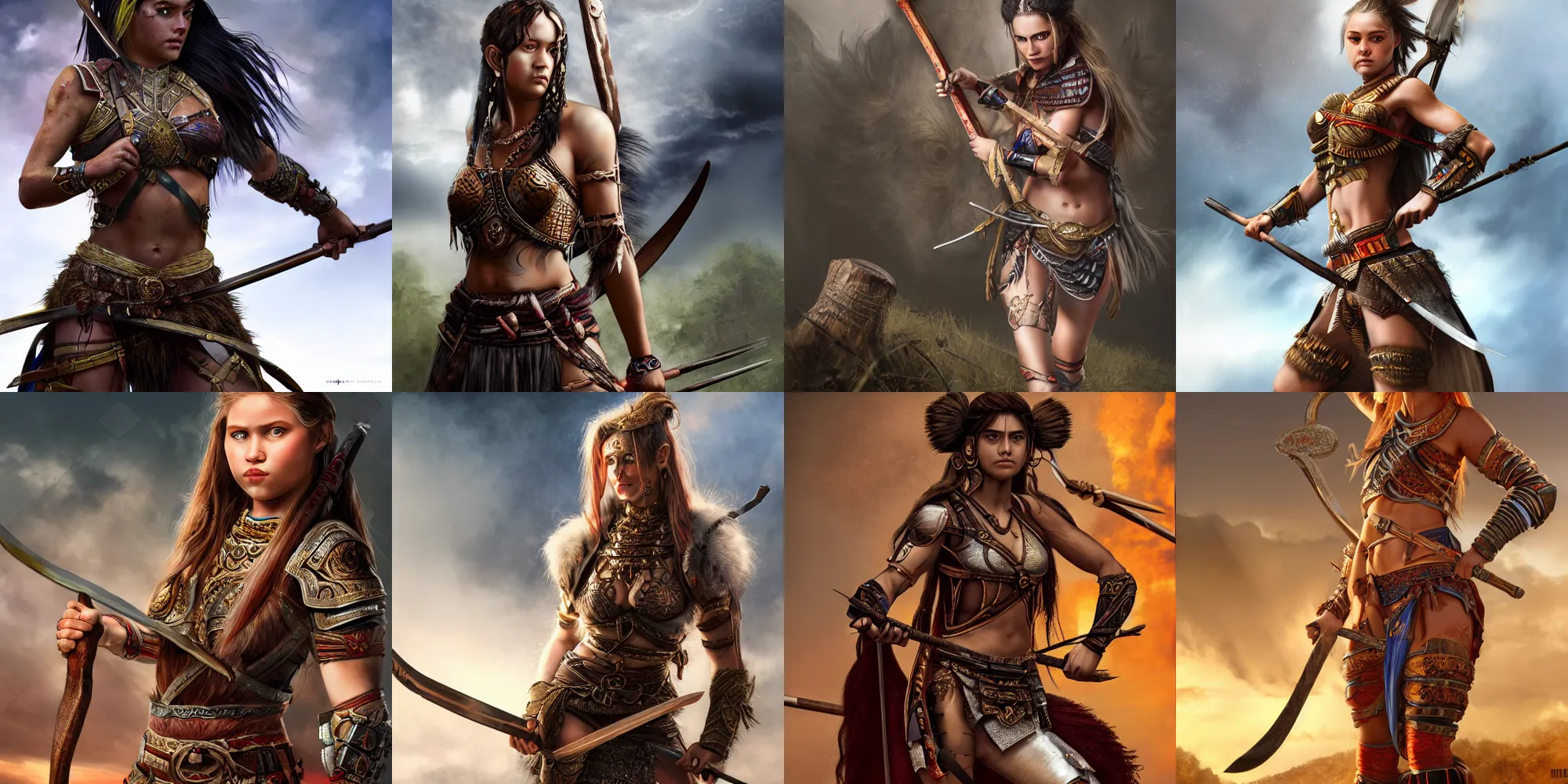 Prompt: a hyper detailed full body portrait of a young warrior girl, she is wearing hot female warrior clothing and holding a spear, 4 k, cinematic, professional, by mark brooks