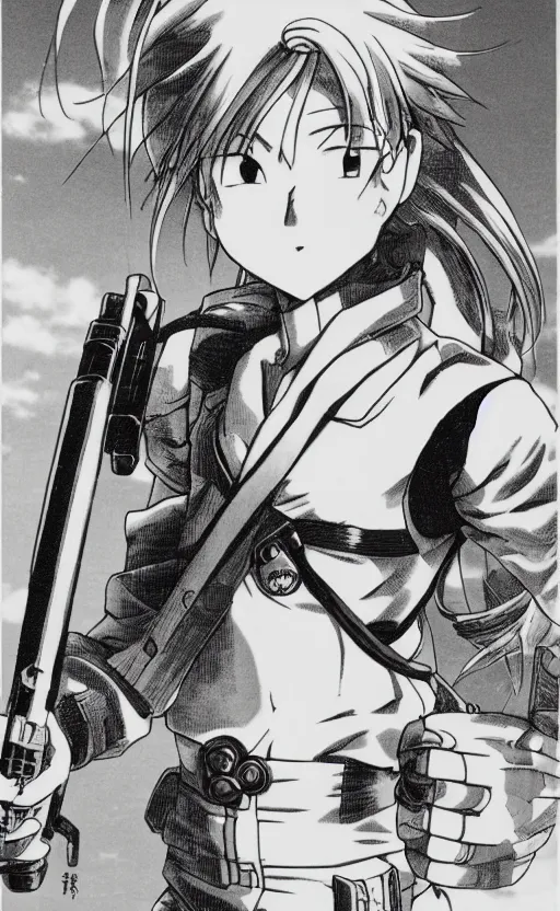 Prompt: manga, monochromatic, toriyama akira, portrait of soldier girl character talking to you loud