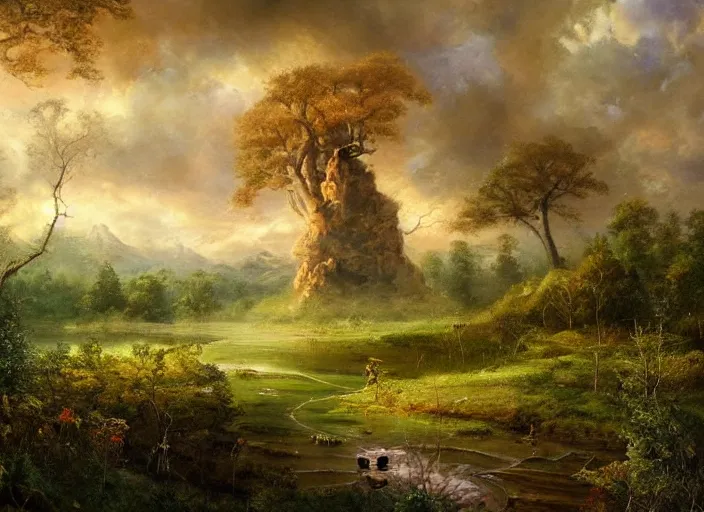 Prompt: An ancient enchanted dreamscape, a memory of a forgotten land, landscape, oil painting, majestic, detailed, high resolution