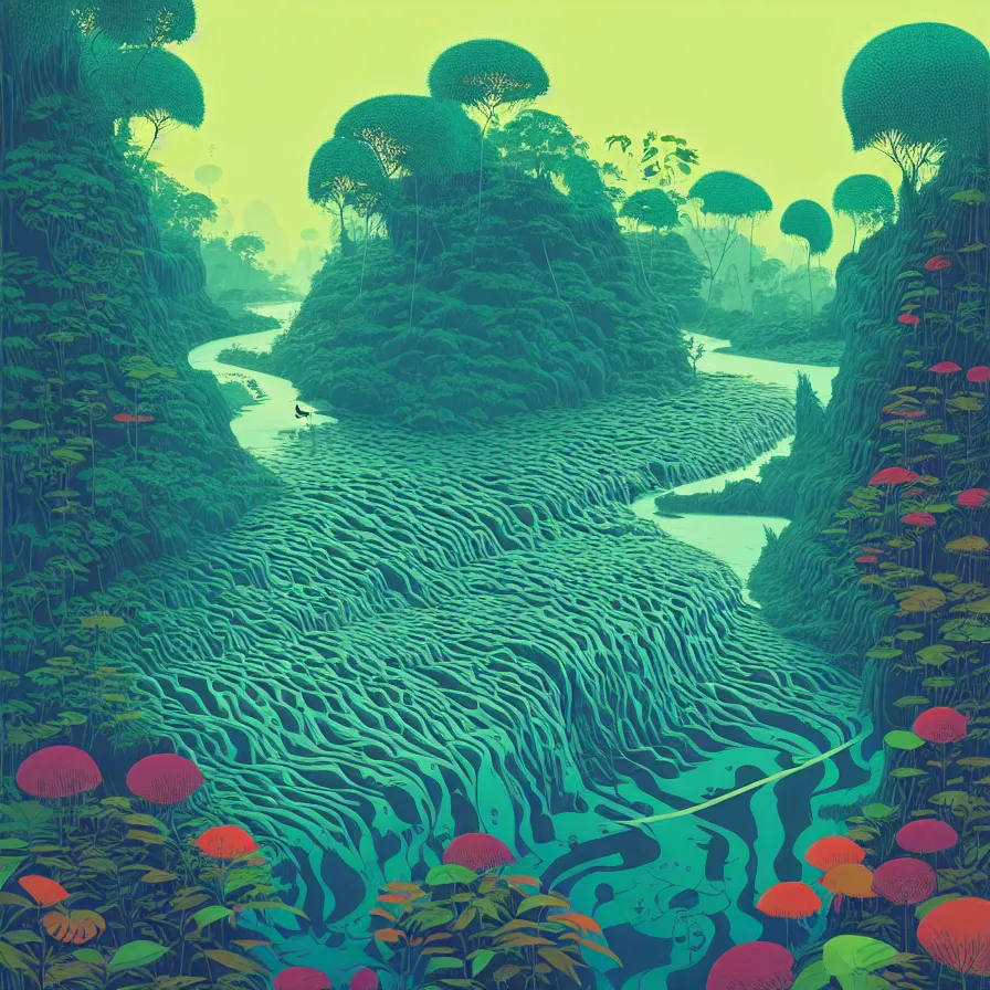 Prompt: ( ( ( gediminas pranckevicius ) ) ), river flow through borneo jungle, summer morning, very coherent and colorful high contrast art by james gilleard floralpunk screen printing woodblock, dark shadows, pastel color, hard lighting