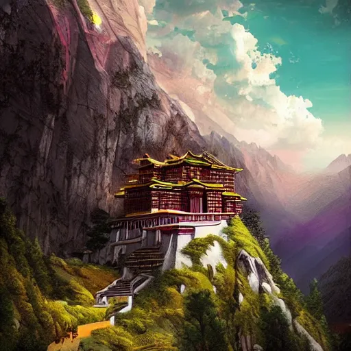 Image similar to tibetan palace carved into a mountain side, big green trees, colorful clouds, dramatic lighting, artstation, matte painting, raphael lacoste, simon stalenhag, frank lloyd wright