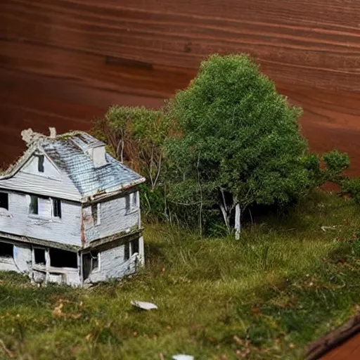 Prompt: a scale model of an abandoned house overtaken by nature sitting on a table inside of the same house