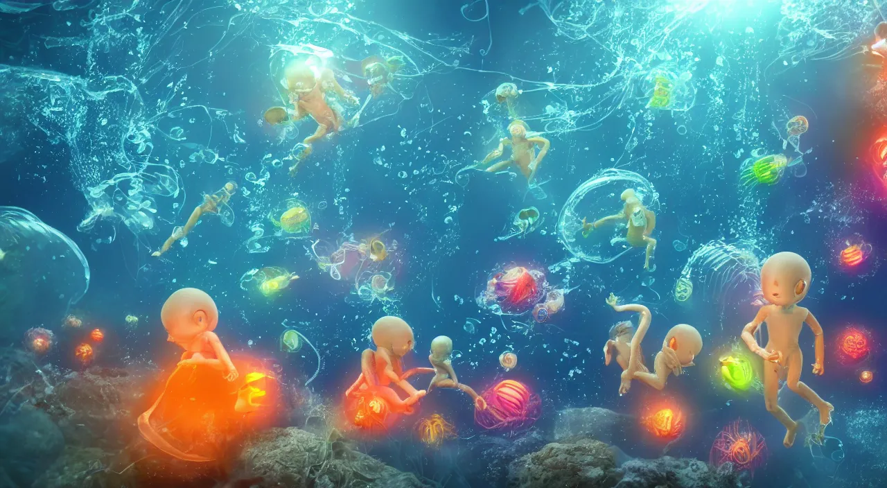 Image similar to three bio mechanical alien humanoid babies swimming underwater among glowing fish and jellyfish, 4 k post - processing highly detailed, 3 d render, modern photography