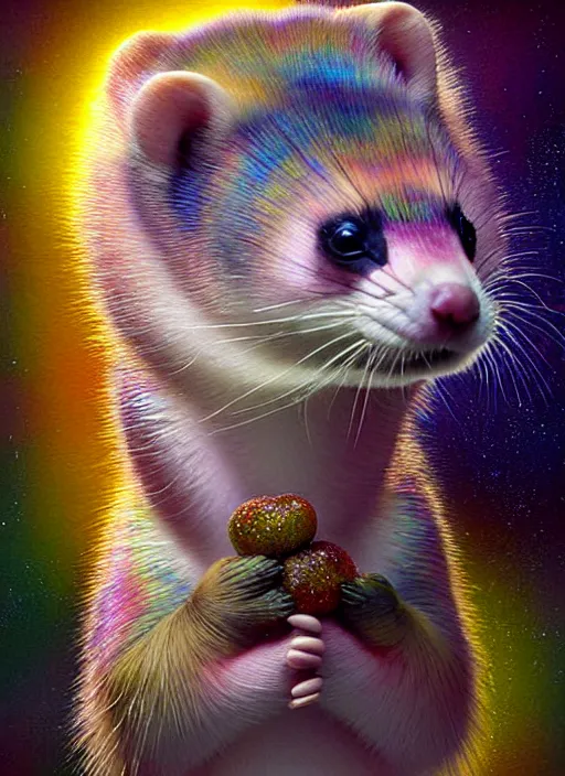 Prompt: hyper detailed 3d render like a Oil painting - kawaii portrait Aurora (blonde calico Sable Ferret war dance) seen Eating of the Strangling network of yellowcake aerochrome and milky Fruit and Her delicate Hands hold of gossamer polyp blossoms bring iridescent fungal flowers whose spores black the foolish stars by Jacek Yerka, Mariusz Lewandowski, Houdini algorithmic generative render, Abstract brush strokes, Masterpiece, Edward Hopper and James Gilleard, Zdzislaw Beksinski, Mark Ryden, Wolfgang Lettl, hints of Yayoi Kasuma, octane render, 8k