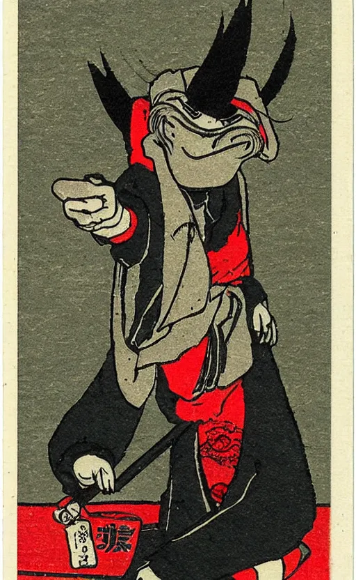 Image similar to by akio watanabe, manga art, a man masked as tengu sitting and smoking, abandoned japaense village, trading card front