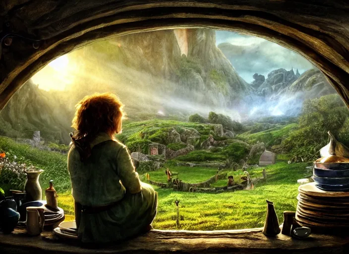 Prompt: the view from inside a hobbit hole looking out a window into a busy hobbit path, by alan lee, sunset, windowsill loaded with steaming food and teacups, window glass reflecting, intricate, highly detailed terrain, digital painting, artstation, concept art, smooth, sharp focus, illustration, vfx