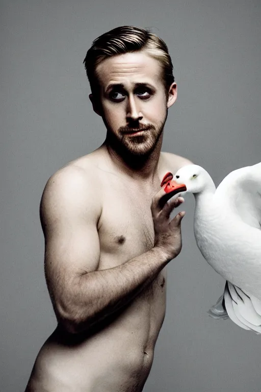 Image similar to ryan gosling fused with a white goose, wings, humanoid, hands, natural light, bloom, detailed face, magazine, press, photo, steve mccurry, david lazar, canon, nikon, focus