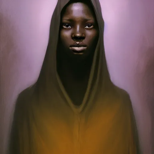 Prompt: a portrait of a young black woman wearing a long dark cloak, hood and shadows covering face, anatomically correct, beautiful perfect face, enigmatic, oil painting, matte painting, black background, Volumetric Golden dappled dynamic lighting, Highly Detailed, Cinematic Lighting, Unreal Engine, 8k, HD, by Beksinski