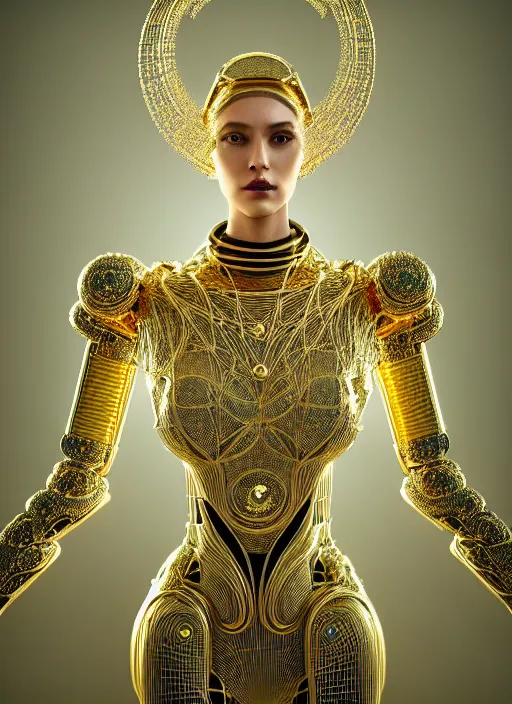 Image similar to three dimensional blueprints for an absurdly beautiful, graceful, sophisticated, fashionable futuristic female golden robot, hyperdetailed illustration by irakli nadar and alexandre ferra, intricate linework, faberge, intricate gold headdress, dark atmosphere, unreal engine 5 highly rendered, global illumination, radiant light, detailed and intricate environment