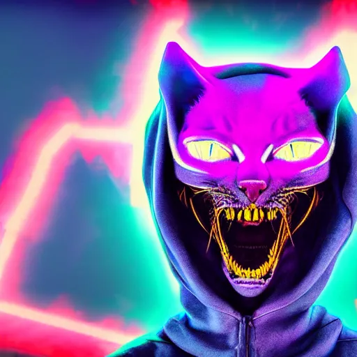 Prompt: demon cat skeletor in hoodie, portrait, vaporwave, synthwave, neon, vector graphics, cinematic, volumetric lighting, f 8 aperture, cinematic eastman 5 3 8 4 film, photorealistic