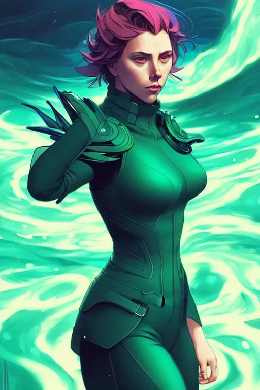 Image similar to style artgerm, joshua middleton, illustration, scarlett johansson as artificer wearing green pelt light armor, anime eyes, blue hair, swirling water cosmos, fantasy, dnd, cinematic lighting