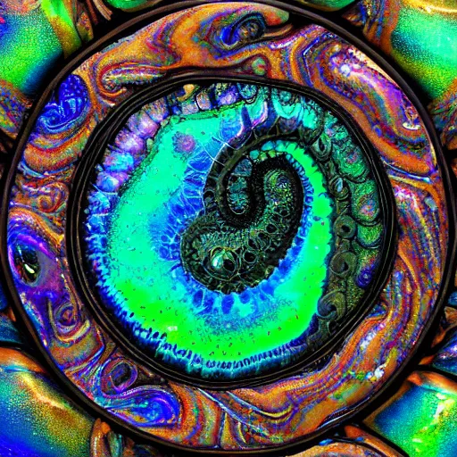 Prompt: Art Nouveau cresting oil slick waves, hyperdetailed bubbles in a shiny iridescent oil slick wave, ammolite, druzy, detailed giant opalized ammonite shell, black opal, abalone, paua shell, ornate copper patina medieval ornament, rococo, organic rippling spirals, octane render, 8k 3D, druzy geode, cresting waves and seafoam