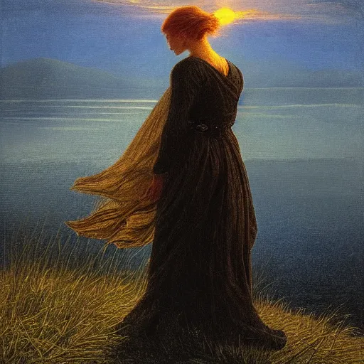 Image similar to young beautiful woman by the lake, hair waving in the wind, sunset, high detail, dramatic light, digital art, chiaroscuro, dark, painted by caspar david friedrich