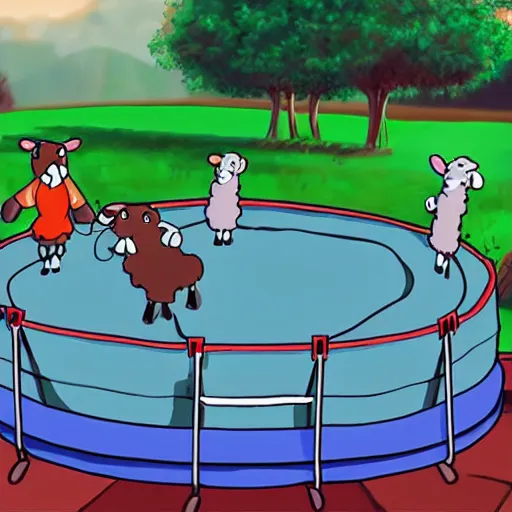 Prompt: animation stills of a sheep bouncing on a trampoline, anime, award winning