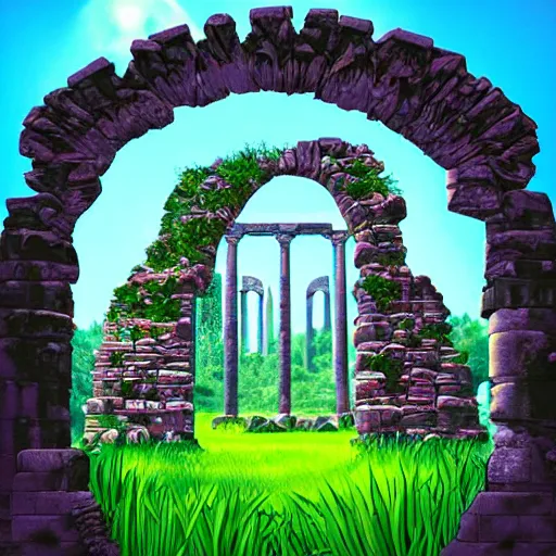 Image similar to ancient ruins with a portal and plants,digital art,retrowave art