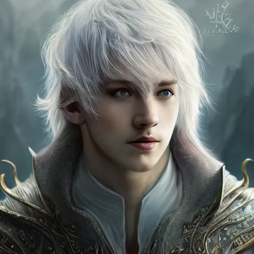 Prompt: a portrait of a handsome elven prince, white fringy hair, backlit, incredible lighting, strong rim light, subsurface scattering, epic beautiful landscape, highly detailed, god rays, digital painting, HDRI, by Heise Jinyao, Heise-Lian Yan Fang, Feimo, Richard Taddei, vivid colors, high contrast, 8k resolution, intricate, photorealistic, smooth