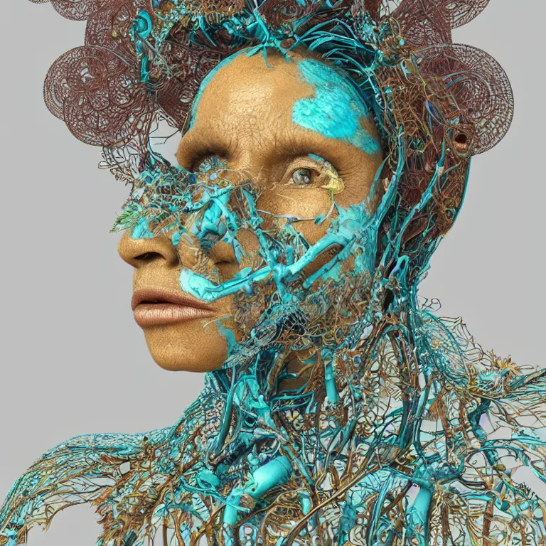 Prompt: cinema 4d colorful render, organic, ultra detailed, of a beautiful dark porcelain old aboriginal woman face, translucid. biomechanical cyborg, analog, macro lens, beautiful natural soft rim light, big leaves and stems, roots, fine foliage lace, turquoise gold details, high fashion haute couture, art nouveau fashion embroidered, intricate details, mesh wire, mandelbrot fractal, anatomical, facial muscles, cable wires, elegant, hyper realistic, in front of dark flower pattern wallpaper, ultra detailed