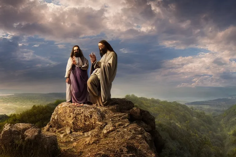 Image similar to a unique digital photo of jesus and mary magdalene standing on a cliff looking over a beautiful landscape in france, rennes - le - chateau, award winning photo, very detailed, very realistic cinematic