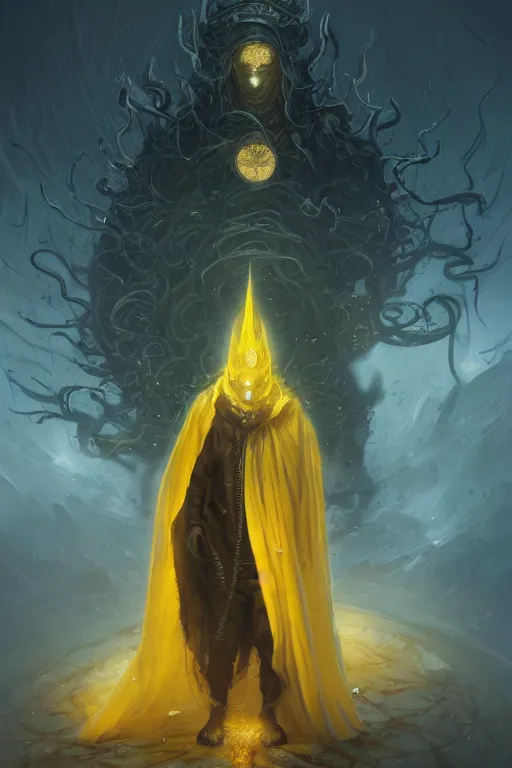 Image similar to A full body portrait of a mysterious character with no face with a very long hooded yellow cloak, a golden crown floating above his head, tentacles coming out the ground art by Marc Simonetti and peter mohrbacher, sharp focus, ominous, cosmic horror, trending on artstation, Ultra detailed, hyper realistic 4k