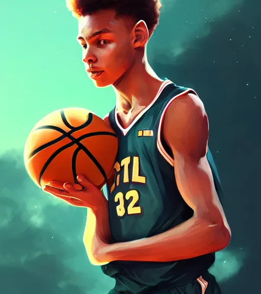 Image similar to portrait of a boy at a basketball court playing basketball wearing a basketball uniform, intricate, elegant, highly detailed, centered, digital painting, artstation, concept art, smooth, sharp focus, illustration, by Peter Mohrbacher, WLOP