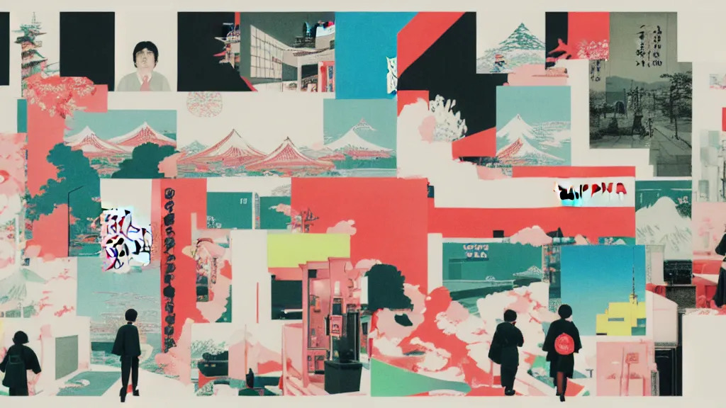 Image similar to japan, a collage painting, in the style of wes anderson, lola dupre, david hockney, isolated on negative white space background dark monochrome neon spraypaint accents volumetric octane render