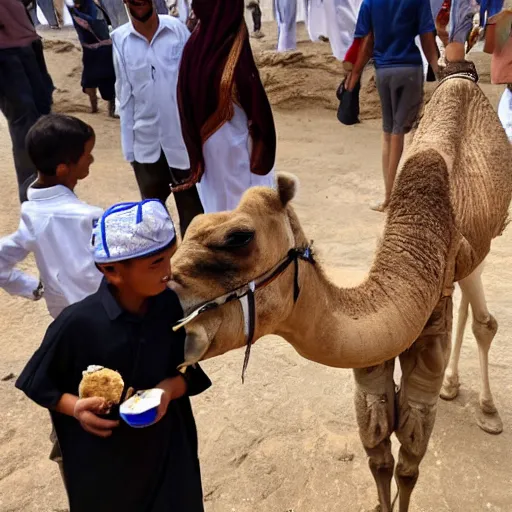 Image similar to camel stealing an ice cream from the hands of a saudi arabian prince