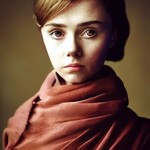 Image similar to dramtically lit, high quality studio photo of a girl who looks like 16-year old Audrey Hepburn and Scarlett Johansson, with parted lips and stunning, anxious eyes, wearing a shawl, by Steve McCurry