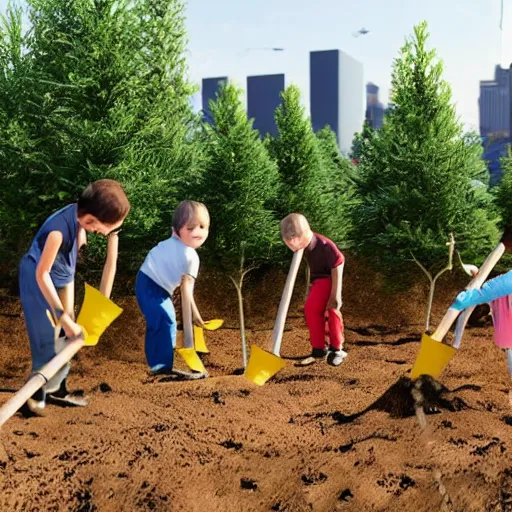 Image similar to a group of children planting trees in front of a clean white sci fi containment building with a utopian city in the distance, hyper realistic, 4 k, hd, artstaion, harsh light, overhead shot