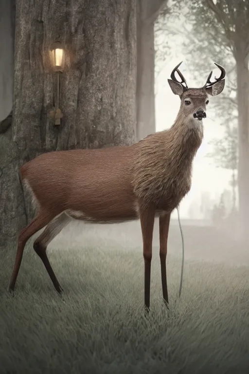 Image similar to a deer wearing a white formal coat talking to a crow, hyperrealistic, concept art, octane render, unreal engine 5, trending on DeviantArt, highly detailed, high quality, 8K, soft lighting, cute, natural lighting, realistic face, trending on Artstation, elegant clothes, profile picture, path traced, house background