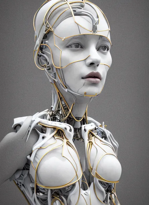 Image similar to a statue made of white marble with gold veins, of an gorgeous futuristic cybernetic angel girl, prostheses, transhumanism, full body shot, perfect symmetrical body, perfect symmetrical face, hyper realistic, hyper detailed, by johannen voss, by peter kemp, by monia merlo, by michelangelo, octane render, blender, 8 k