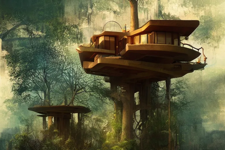 Prompt: solarpunk treehouse by frank lloyd wright, still from a movie, cyberpunk tree house, photo art, artgerm, trending on artstation