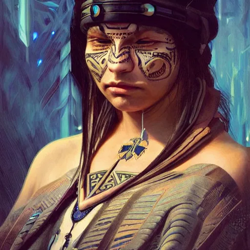 Prompt: A native american Ruler, facial tattoos, techwear, artists portrait, futuristic, fantasy, highly detailed, digital painting, concept art, sharp focus, depth of field blur, illustration, art by artgerm and greg rutkowski and alphonse mucha