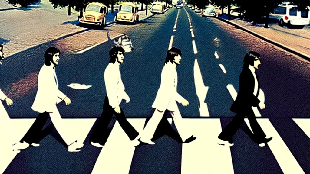 Image similar to The Beatles made out of Honey!! on abbey road, film still from the movie directed by Denis Villeneuve