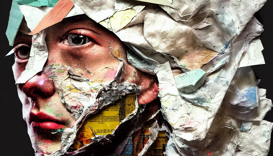 Image similar to rendered in blender trash bag on his head and crumpled paper as a texture, slit - scan photography, collage paper and tape, acrylic on canvas, hyperrealism mixed with expressionism, high resolution, cinematic, unreal 6, breathtaking detailed, by blake neubert