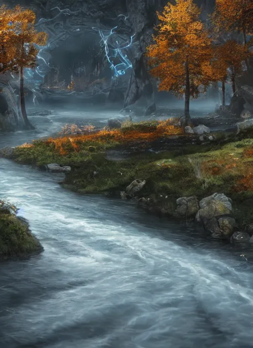 Image similar to river, ultra detailed fantasy, elden ring, realistic, dnd, rpg, lotr game design fanart by concept art, behance hd, artstation, deviantart, global illumination radiating a glowing aura global illumination ray tracing hdr render in unreal engine 5