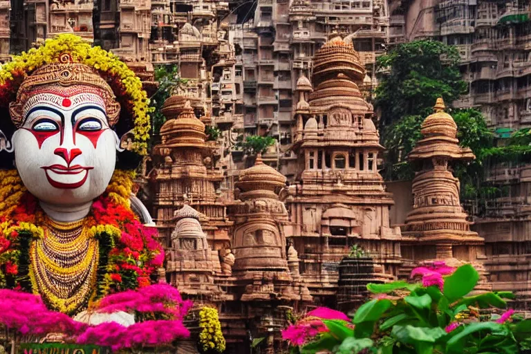 Image similar to high quality 3 d flowerpunk biomorphic hanuman head building in the middle of mumbai!!, kalighat highly detailed, cinematic smooth, stephen shore & john j. park, soft morning light, wide shot, high angle, uhd 8 k, deep focus