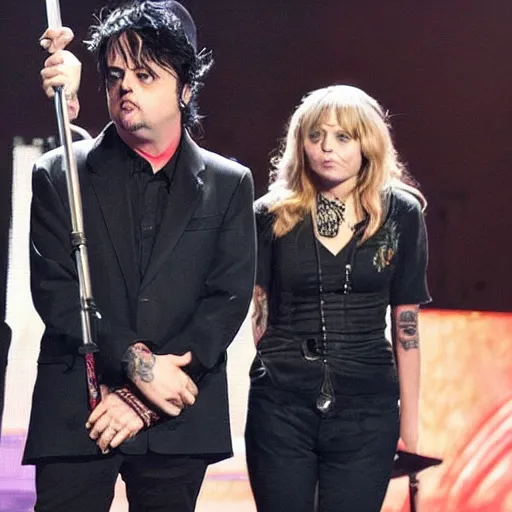 Prompt: billie joe on the stage looking bored and irritated. kid rock is in the middle with wendy.