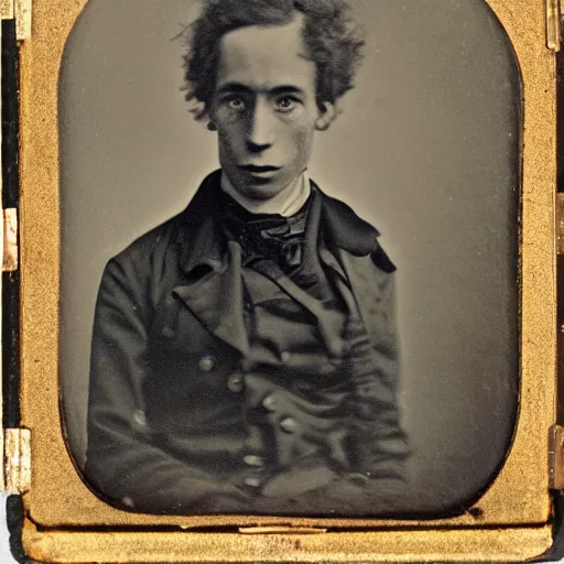 Prompt: A daguerreotype portrait of a man, who has witnessed world war 3, his eyes tell an entire story.