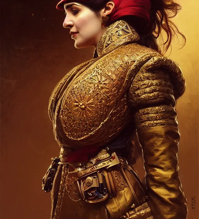 Image similar to portrait of a turkish woman wearing a traditional nineteenth century ottoman empire military jacket, metal shoulder pauldrons, intricate, highly detailed, digital painting, artstation, concept art, sharp focus, cinematic lighting, illustration, art by artgerm and greg rutkowski, alphonse mucha, cgsociety