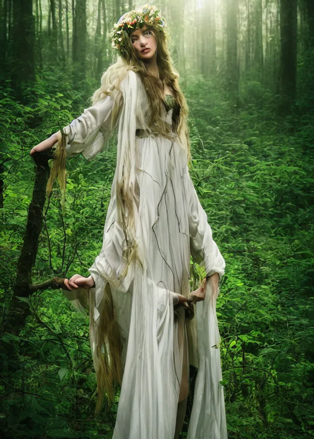 Prompt: young beautiful fey druid woman, full body portrait, long white hair, flower crown, long dark green robes, intricate, standing in a dark forest, sunbeams shining down, high fantasy, romanticism