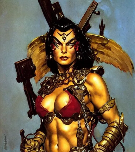 Prompt: portrait of strong female chaos angel, beautiful! coherent! by frank frazetta, by brom, strong line, deep color, spiked metal armor, maximalist